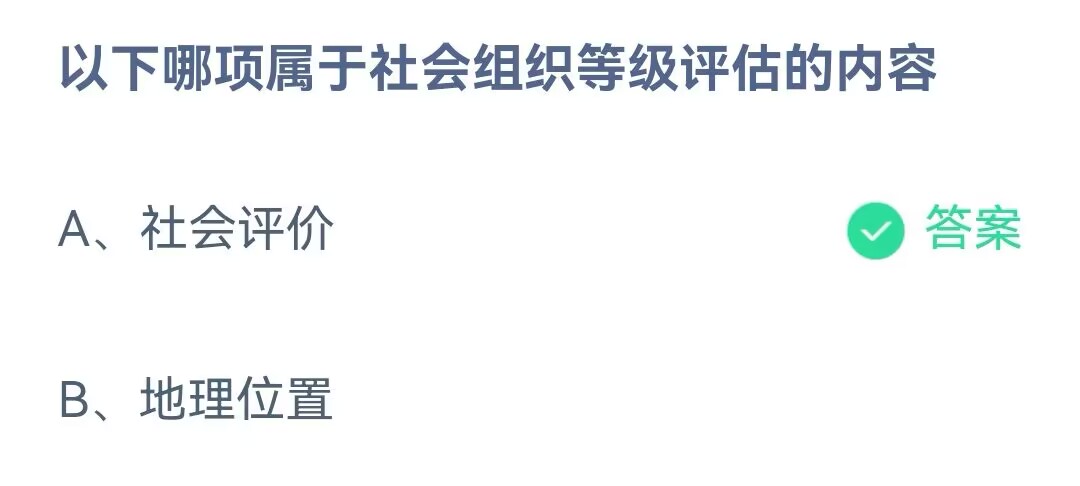 蚂蚁庄园6月15日最新答案-以下哪项属于社会组织等级评估的内容图片1